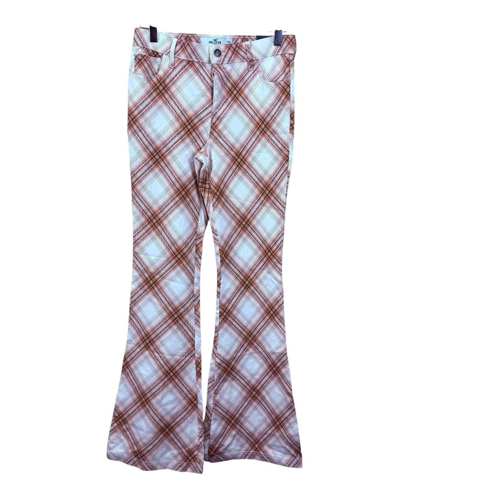 Hollister Flare Pants Size S Regular Beige Plaid High Rise Bell Bottoms Retro